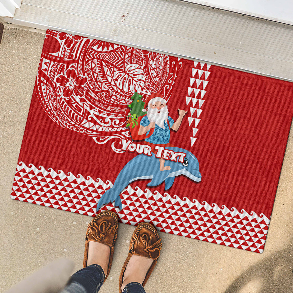 Custom Hawaii Mele Kalikimaka Rubber Doormat Santa Riding The DolPhin Mix Kakau Pattern Red Style LT03 - Polynesian Pride
