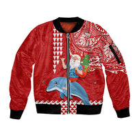 Custom Hawaii Mele Kalikimaka Sleeve Zip Bomber Jacket Santa Riding The DolPhin Mix Kakau Pattern Red Style LT03 Unisex Red - Polynesian Pride