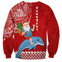 Custom Hawaii Mele Kalikimaka Sweatshirt Santa Riding The DolPhin Mix Kakau Pattern Red Style LT03 - Polynesian Pride