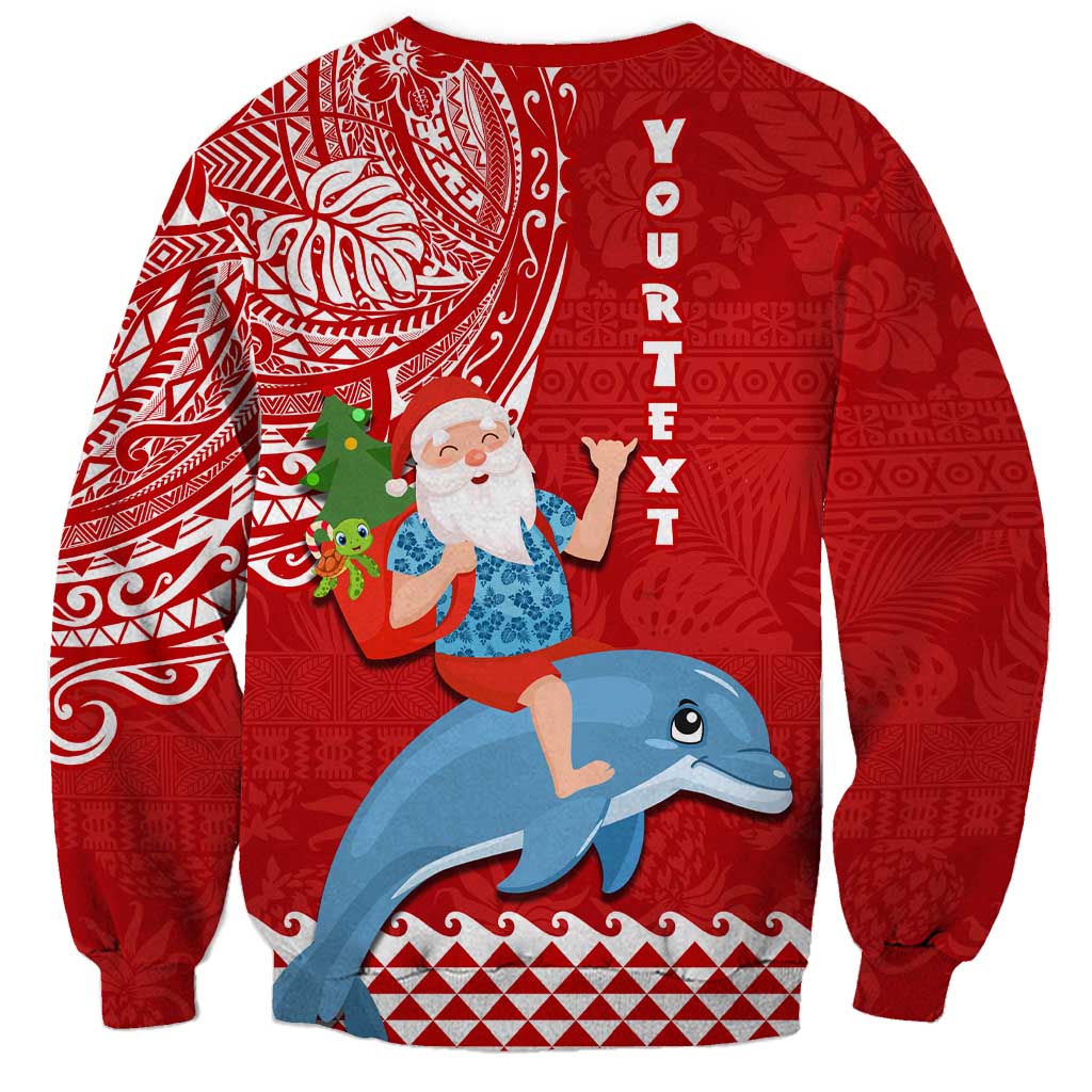 Custom Hawaii Mele Kalikimaka Sweatshirt Santa Riding The DolPhin Mix Kakau Pattern Red Style LT03 - Polynesian Pride