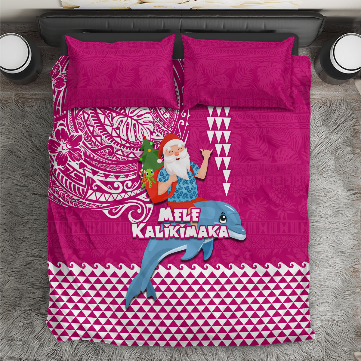 Hawaii Mele Kalikimaka Bedding Set Santa Riding The DolPhin Mix Kakau Pattern Pink Style LT03 Pink - Polynesian Pride