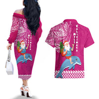 Hawaii Mele Kalikimaka Couples Matching Off The Shoulder Long Sleeve Dress and Hawaiian Shirt Santa Riding The DolPhin Mix Kakau Pattern Pink Style LT03 - Polynesian Pride