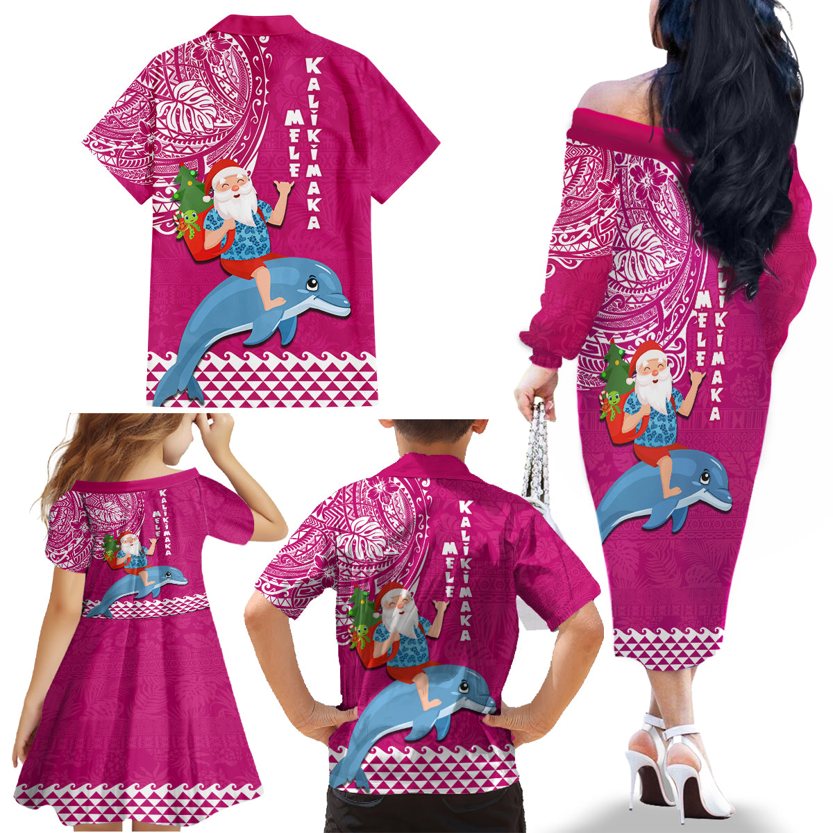 Hawaii Mele Kalikimaka Family Matching Off Shoulder Long Sleeve Dress and Hawaiian Shirt Santa Riding The DolPhin Mix Kakau Pattern Pink Style LT03 - Polynesian Pride