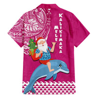 Hawaii Mele Kalikimaka Family Matching Off Shoulder Maxi Dress and Hawaiian Shirt Santa Riding The DolPhin Mix Kakau Pattern Pink Style LT03 - Polynesian Pride