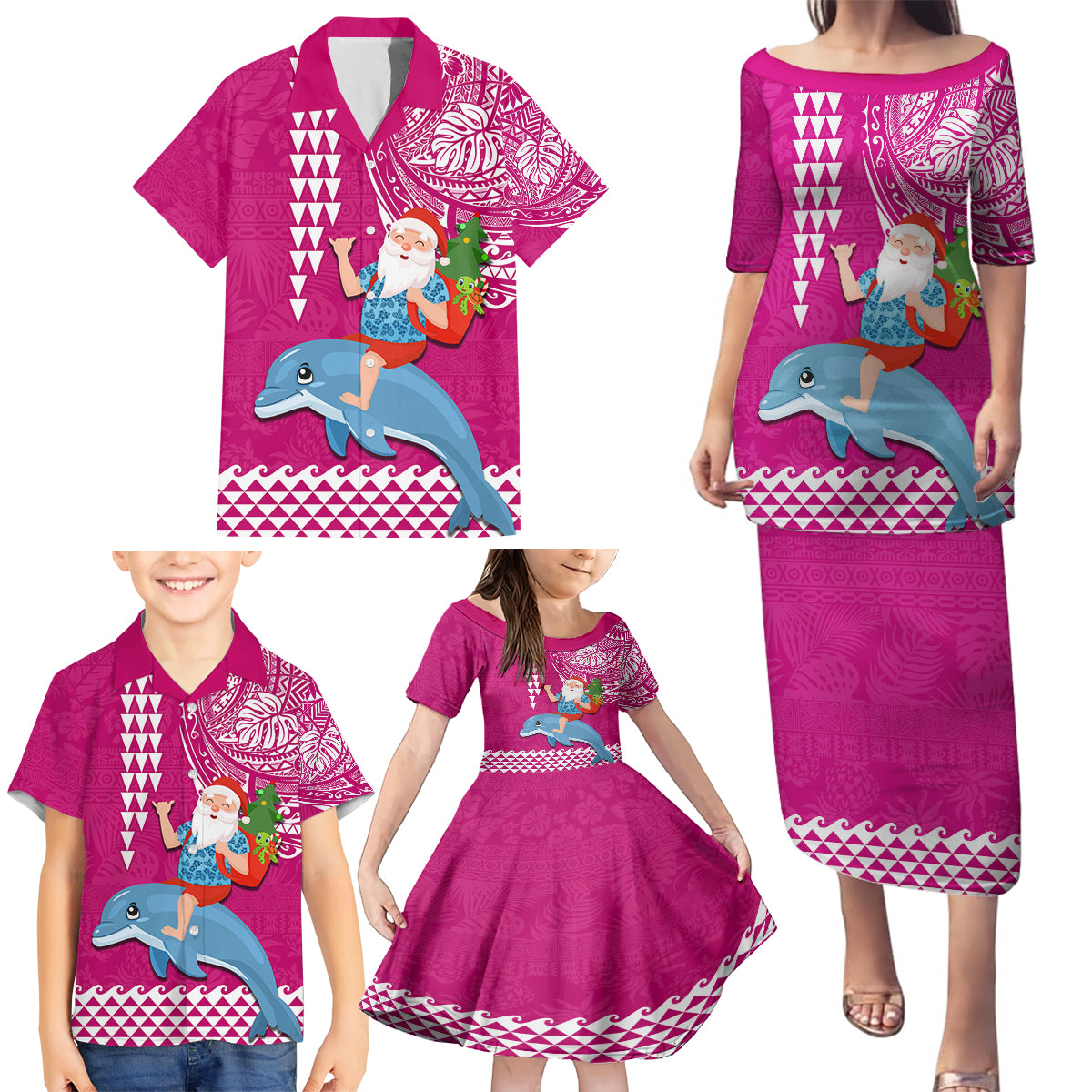 Hawaii Mele Kalikimaka Family Matching Puletasi Dress and Hawaiian Shirt Santa Riding The DolPhin Mix Kakau Pattern Pink Style LT03 - Polynesian Pride