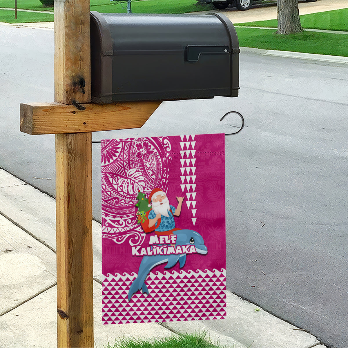 Hawaii Mele Kalikimaka Garden Flag Santa Riding The DolPhin Mix Kakau Pattern Pink Style LT03 - Polynesian Pride