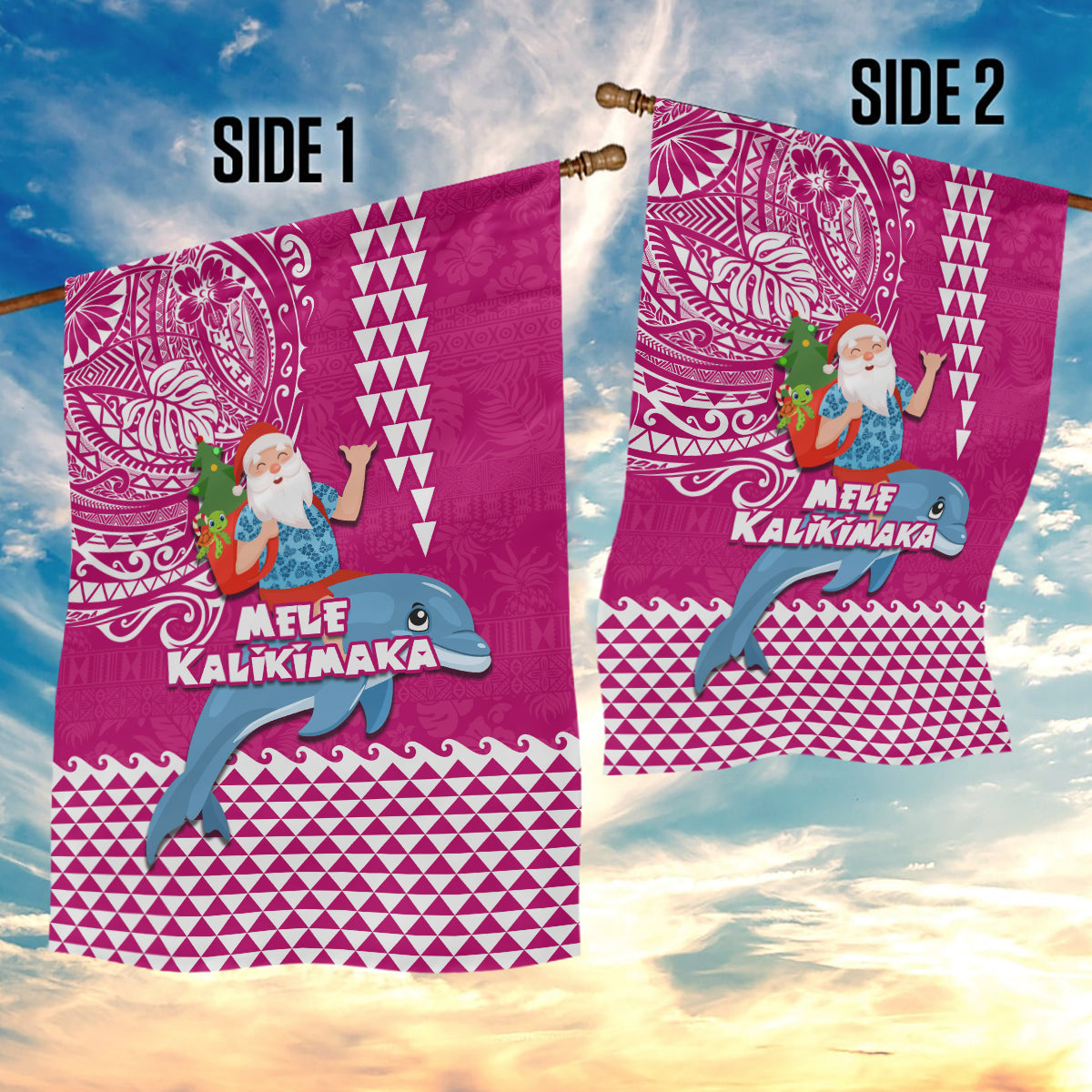 Hawaii Mele Kalikimaka Garden Flag Santa Riding The DolPhin Mix Kakau Pattern Pink Style LT03 - Polynesian Pride