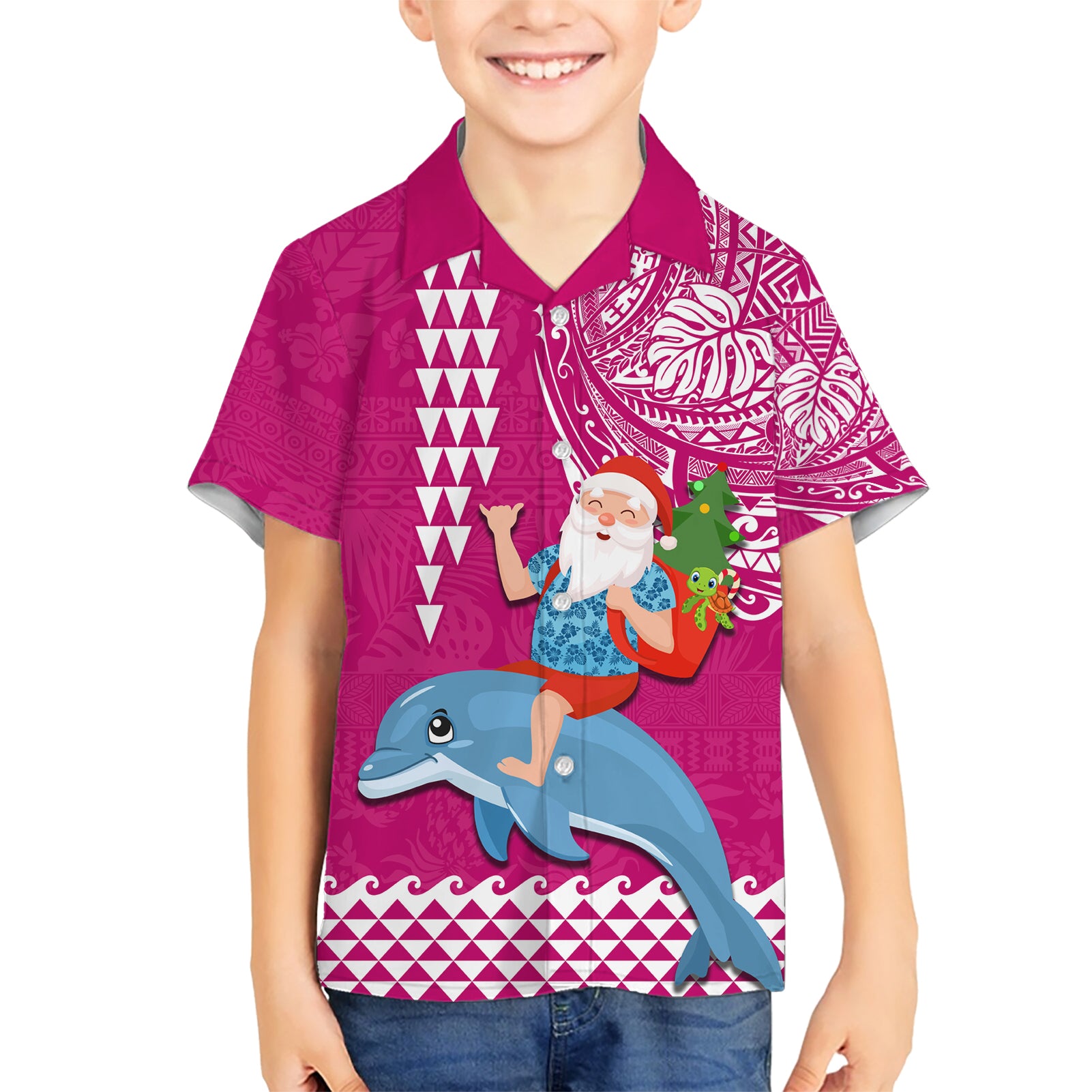 Hawaii Mele Kalikimaka Kid Hawaiian Shirt Santa Riding The DolPhin Mix Kakau Pattern Pink Style LT03 Kid Pink - Polynesian Pride