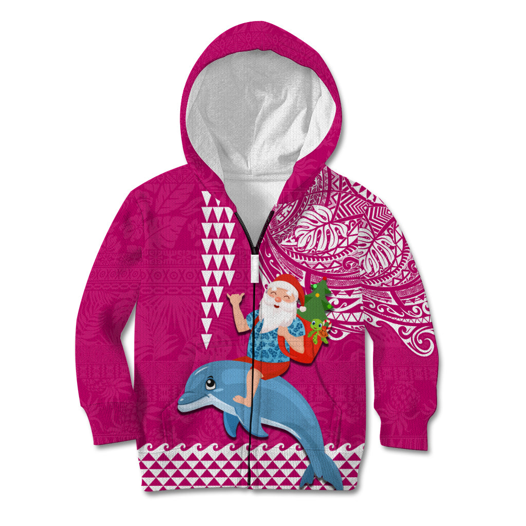 Hawaii Mele Kalikimaka Kid Hoodie Santa Riding The DolPhin Mix Kakau Pattern Pink Style LT03 - Polynesian Pride