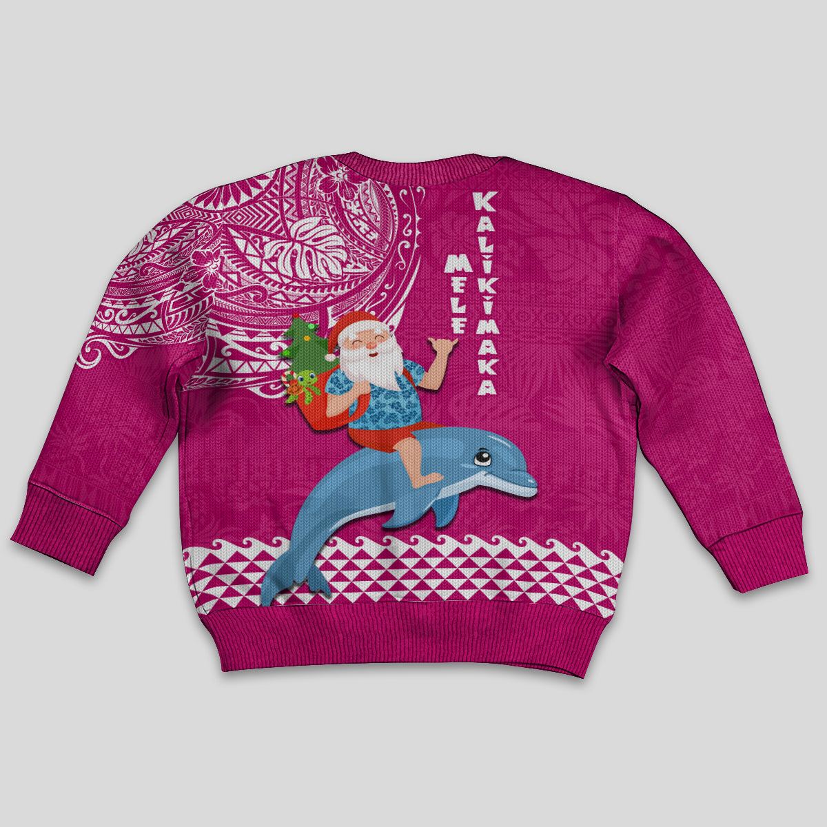 Hawaii Mele Kalikimaka Kid Ugly Christmas Sweater Santa Riding The DolPhin Mix Kakau Pattern Pink Style LT03 - Polynesian Pride