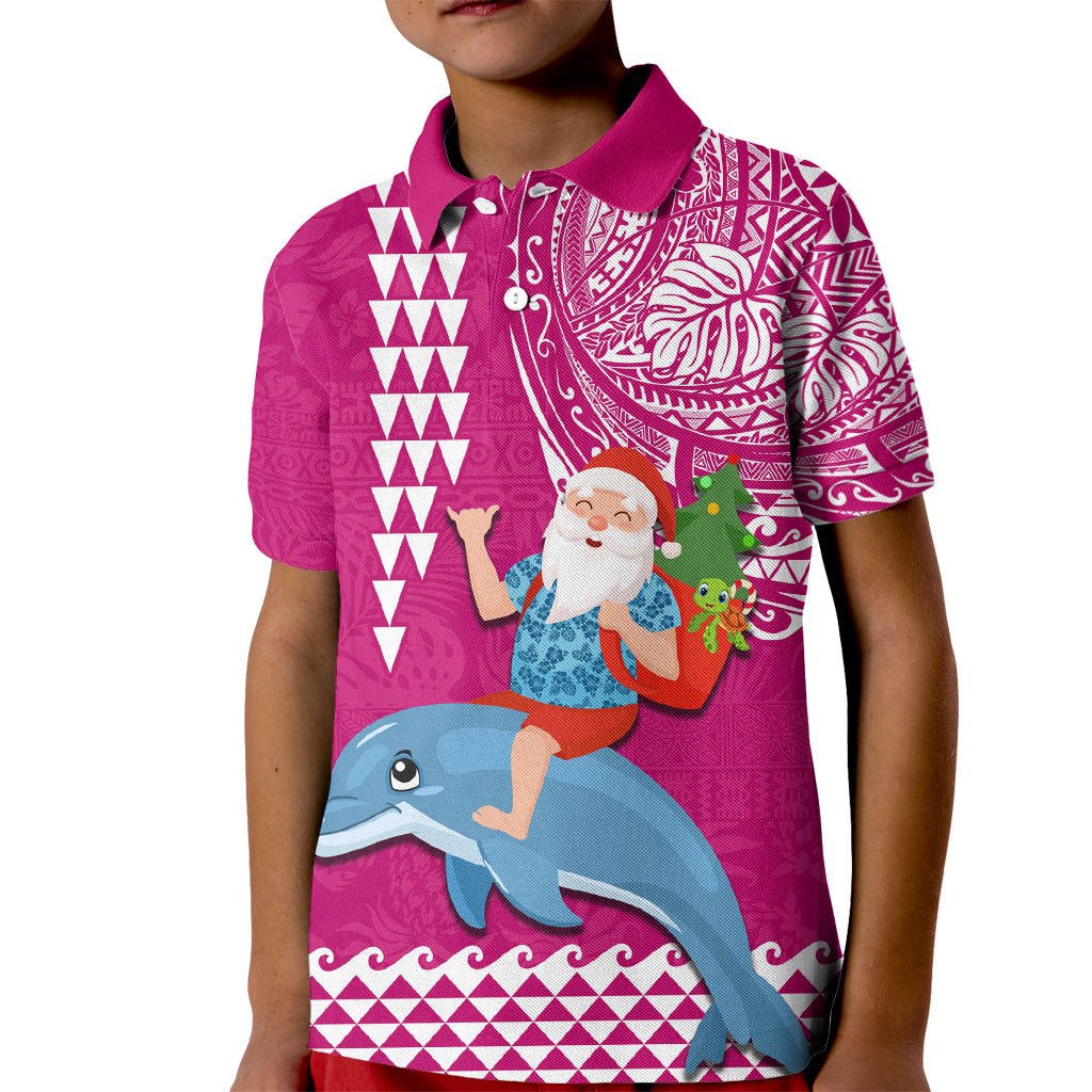 Hawaii Mele Kalikimaka Kid Polo Shirt Santa Riding The DolPhin Mix Kakau Pattern Pink Style LT03 Kid Pink - Polynesian Pride