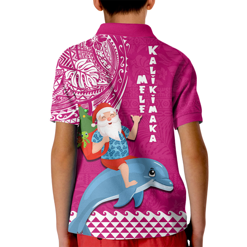 Hawaii Mele Kalikimaka Kid Polo Shirt Santa Riding The DolPhin Mix Kakau Pattern Pink Style LT03 - Polynesian Pride