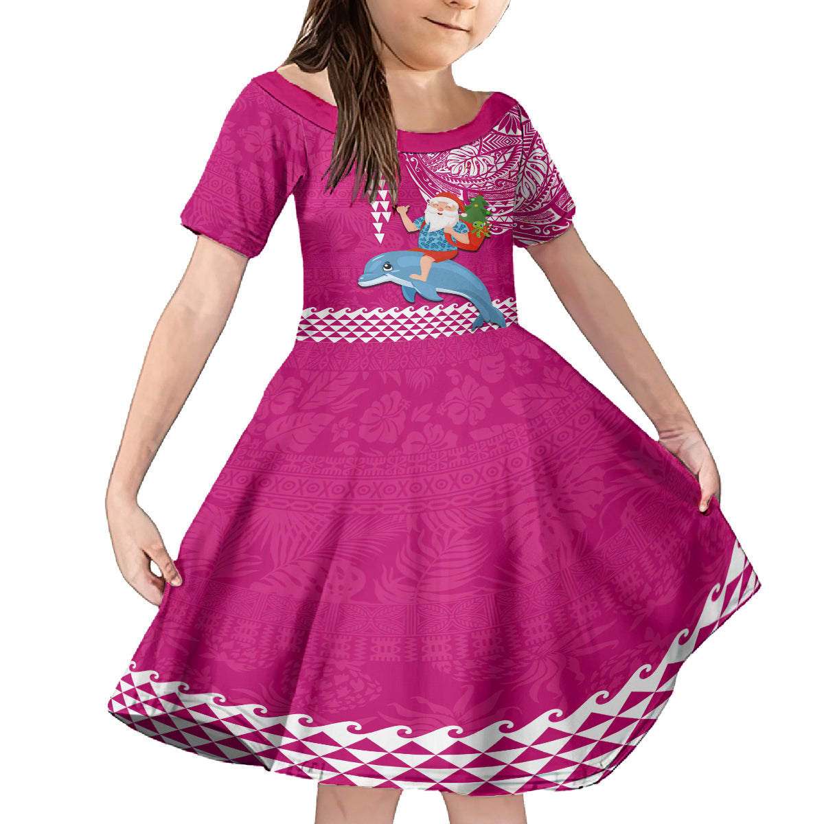 Hawaii Mele Kalikimaka Kid Short Sleeve Dress Santa Riding The DolPhin Mix Kakau Pattern Pink Style LT03 KID Pink - Polynesian Pride