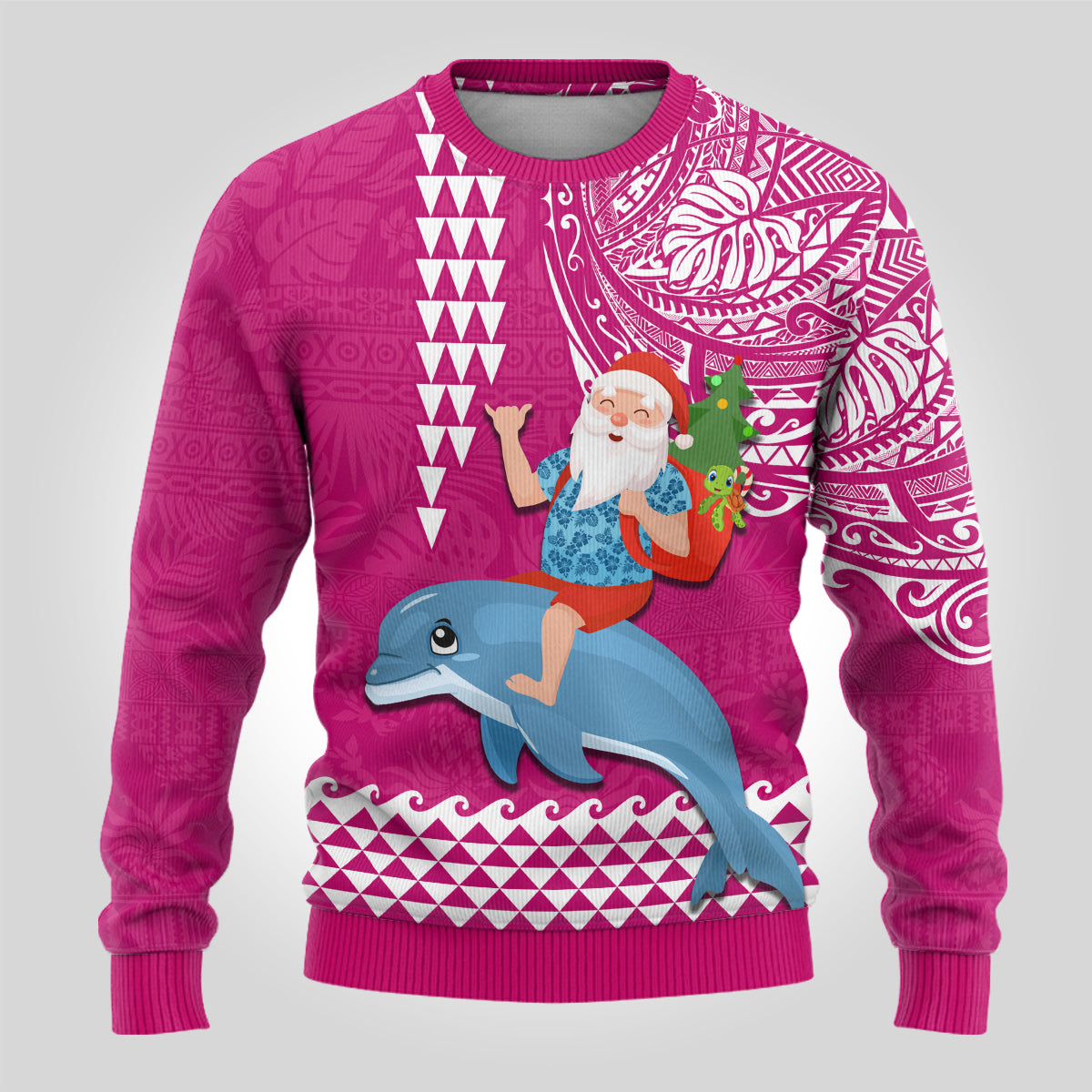 Hawaii Mele Kalikimaka Ugly Christmas Sweater Santa Riding The DolPhin Mix Kakau Pattern Pink Style LT03 - Polynesian Pride
