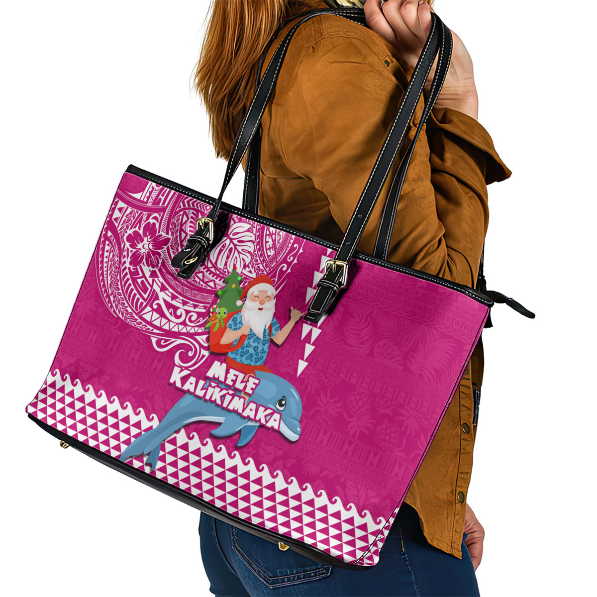 Hawaii Mele Kalikimaka Leather Tote Bag Santa Riding The DolPhin Mix Kakau Pattern Pink Style LT03 - Polynesian Pride