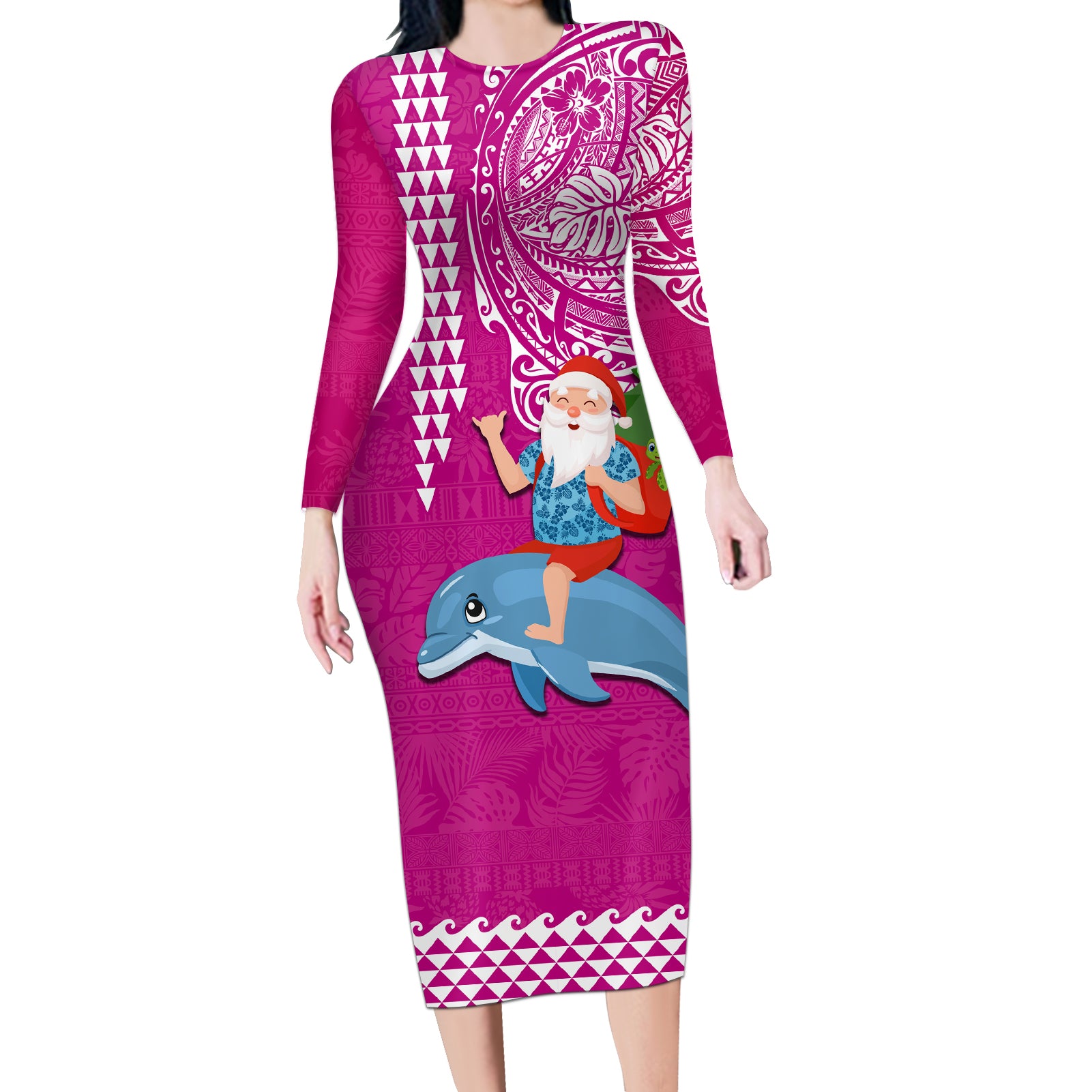 Hawaii Mele Kalikimaka Long Sleeve Bodycon Dress Santa Riding The DolPhin Mix Kakau Pattern Pink Style LT03 Long Dress Pink - Polynesian Pride