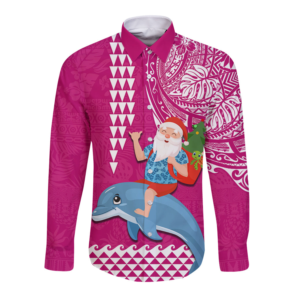Hawaii Mele Kalikimaka Long Sleeve Button Shirt Santa Riding The DolPhin Mix Kakau Pattern Pink Style LT03 Unisex Pink - Polynesian Pride