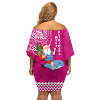 Hawaii Mele Kalikimaka Off Shoulder Short Dress Santa Riding The DolPhin Mix Kakau Pattern Pink Style LT03 - Polynesian Pride
