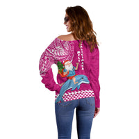 Hawaii Mele Kalikimaka Off Shoulder Sweater Santa Riding The DolPhin Mix Kakau Pattern Pink Style LT03 - Polynesian Pride
