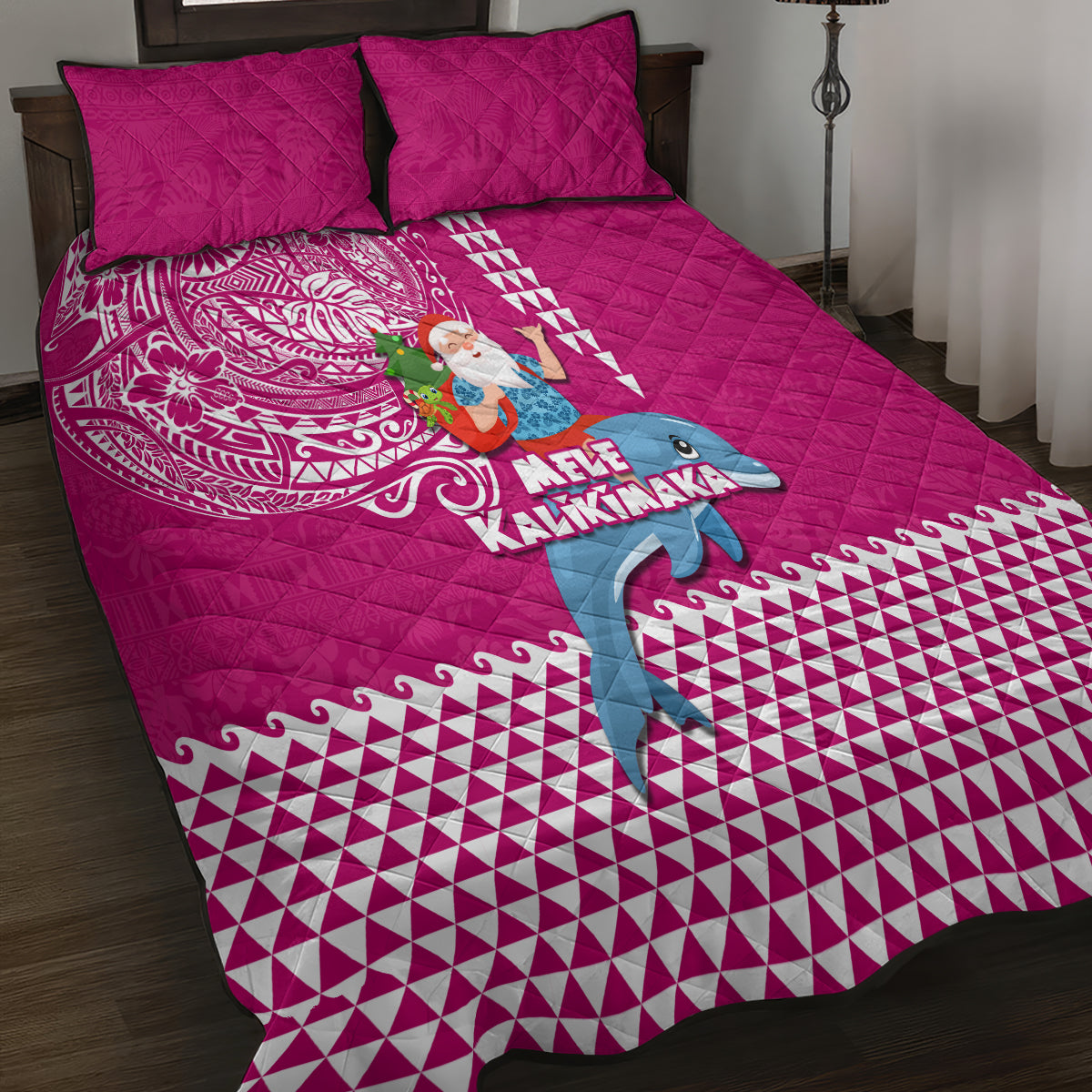 Hawaii Mele Kalikimaka Quilt Bed Set Santa Riding The DolPhin Mix Kakau Pattern Pink Style LT03 - Polynesian Pride
