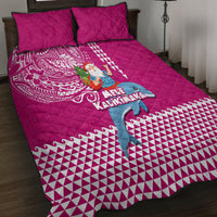 Hawaii Mele Kalikimaka Quilt Bed Set Santa Riding The DolPhin Mix Kakau Pattern Pink Style LT03 - Polynesian Pride