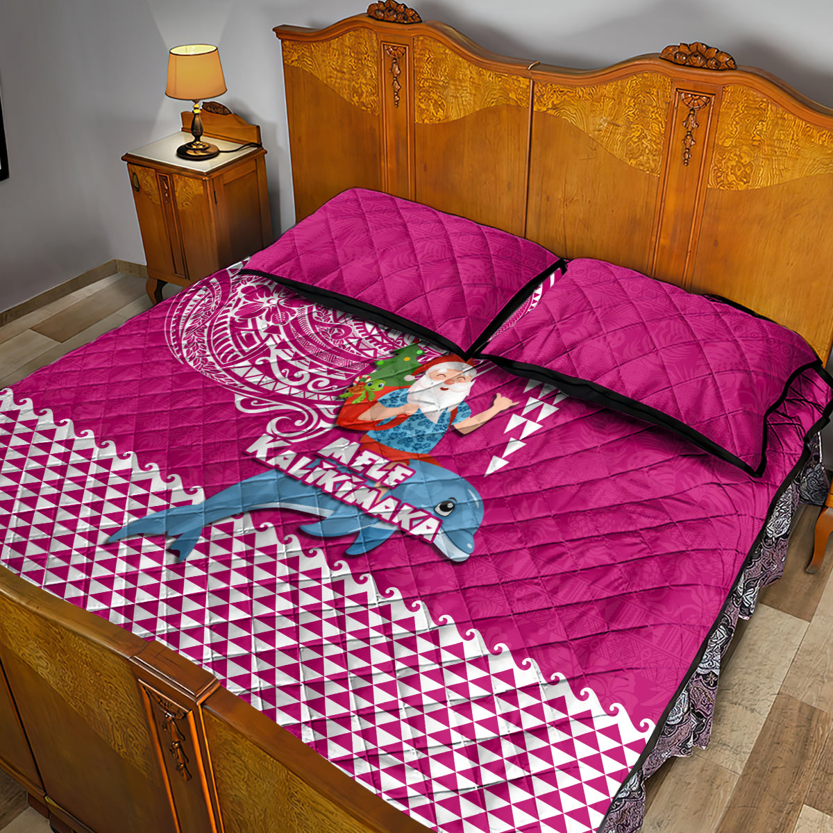 Hawaii Mele Kalikimaka Quilt Bed Set Santa Riding The DolPhin Mix Kakau Pattern Pink Style LT03 - Polynesian Pride
