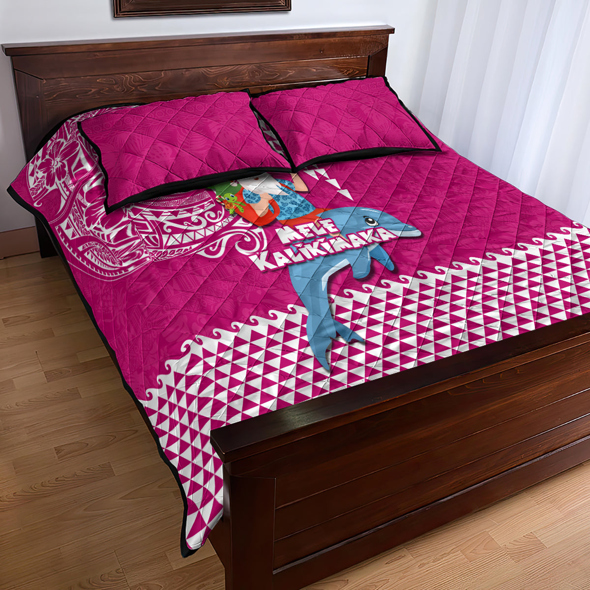 Hawaii Mele Kalikimaka Quilt Bed Set Santa Riding The DolPhin Mix Kakau Pattern Pink Style LT03 - Polynesian Pride