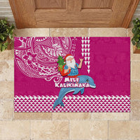 Hawaii Mele Kalikimaka Rubber Doormat Santa Riding The DolPhin Mix Kakau Pattern Pink Style LT03 - Polynesian Pride
