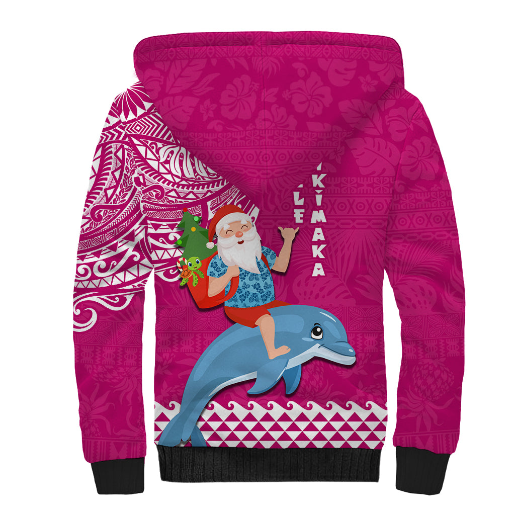 Hawaii Mele Kalikimaka Sherpa Hoodie Santa Riding The DolPhin Mix Kakau Pattern Pink Style LT03 - Polynesian Pride