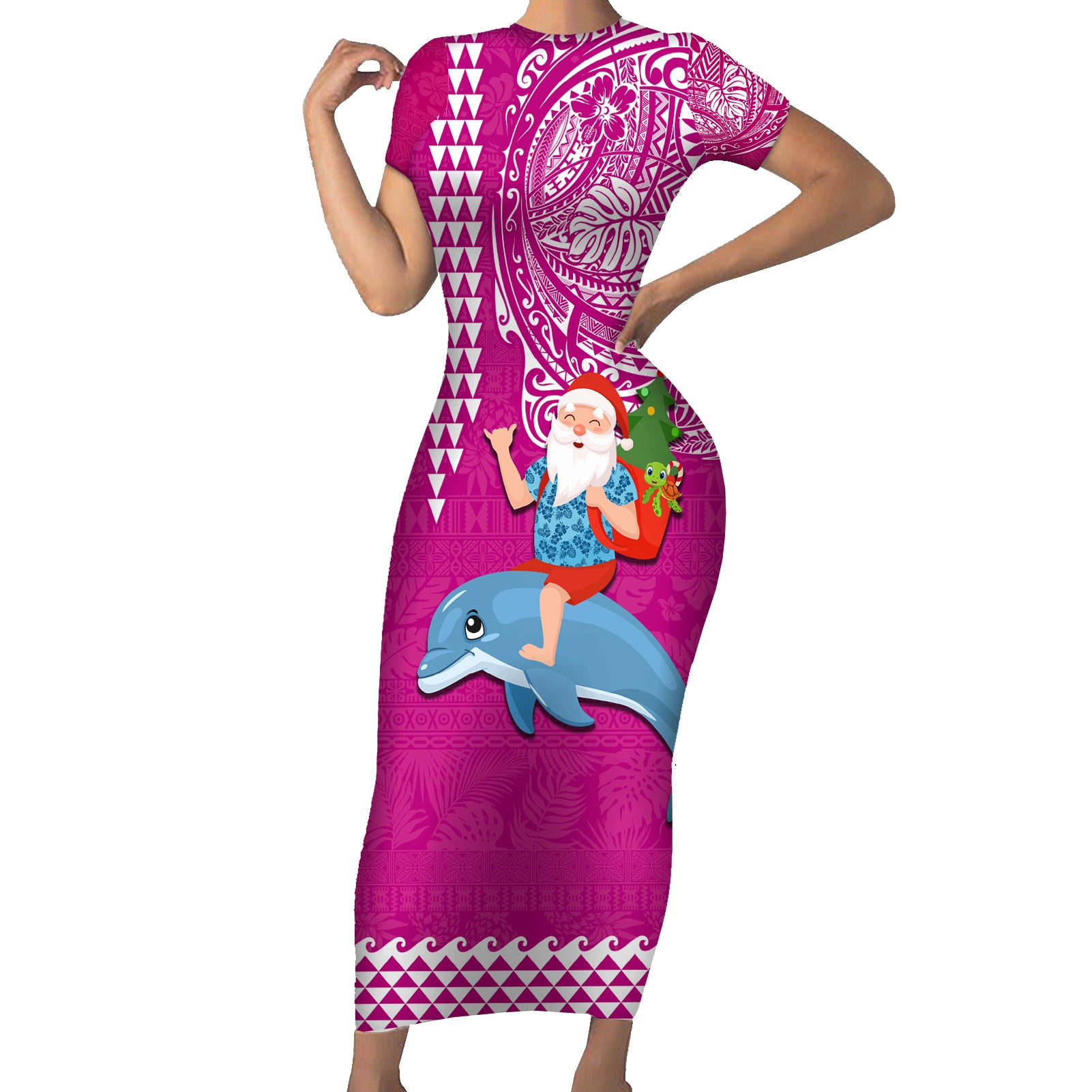 Hawaii Mele Kalikimaka Short Sleeve Bodycon Dress Santa Riding The DolPhin Mix Kakau Pattern Pink Style LT03 Long Dress Pink - Polynesian Pride