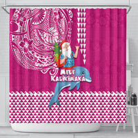 Hawaii Mele Kalikimaka Shower Curtain Santa Riding The DolPhin Mix Kakau Pattern Pink Style LT03 - Polynesian Pride