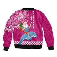Hawaii Mele Kalikimaka Sleeve Zip Bomber Jacket Santa Riding The DolPhin Mix Kakau Pattern Pink Style LT03 - Polynesian Pride