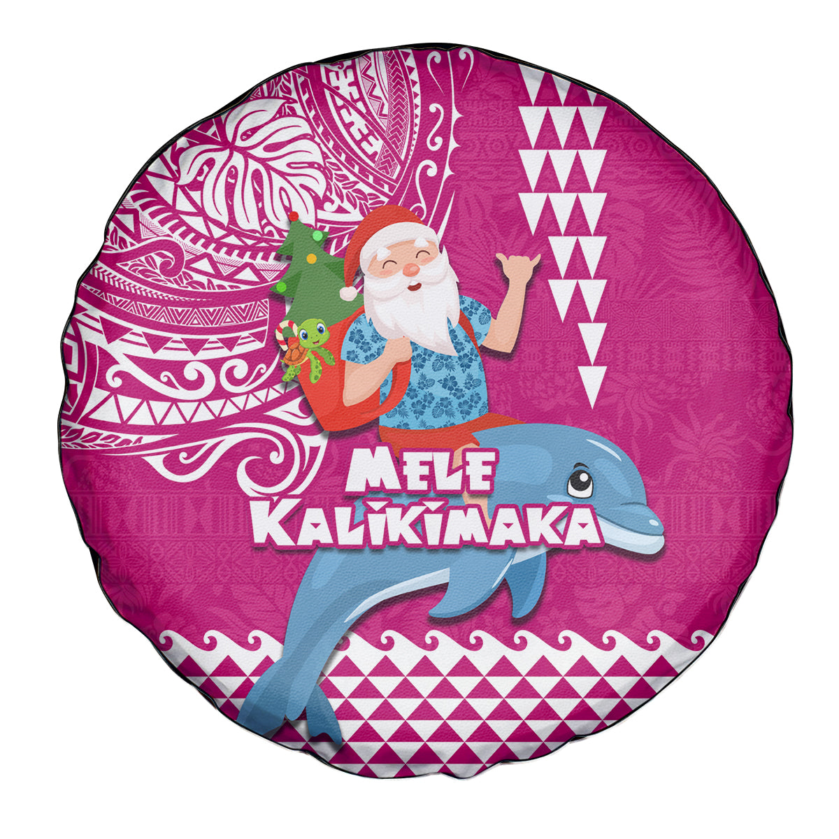 Hawaii Mele Kalikimaka Spare Tire Cover Santa Riding The DolPhin Mix Kakau Pattern Pink Style LT03 - Polynesian Pride