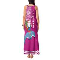 Hawaii Mele Kalikimaka Tank Maxi Dress Santa Riding The DolPhin Mix Kakau Pattern Pink Style LT03 - Polynesian Pride