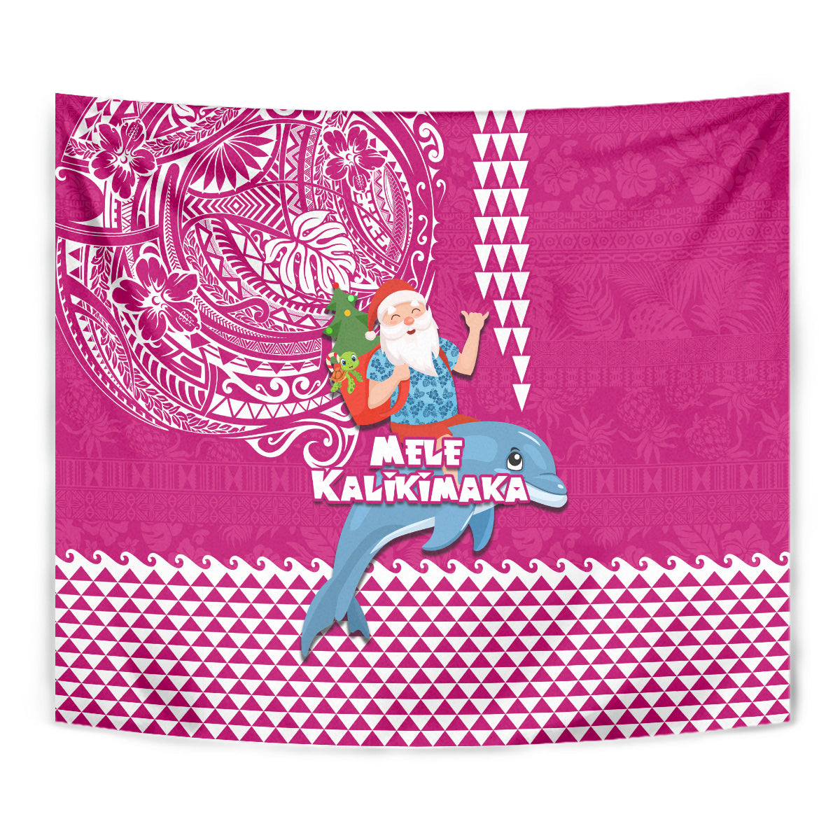 Hawaii Mele Kalikimaka Tapestry Santa Riding The DolPhin Mix Kakau Pattern Pink Style LT03 - Polynesian Pride