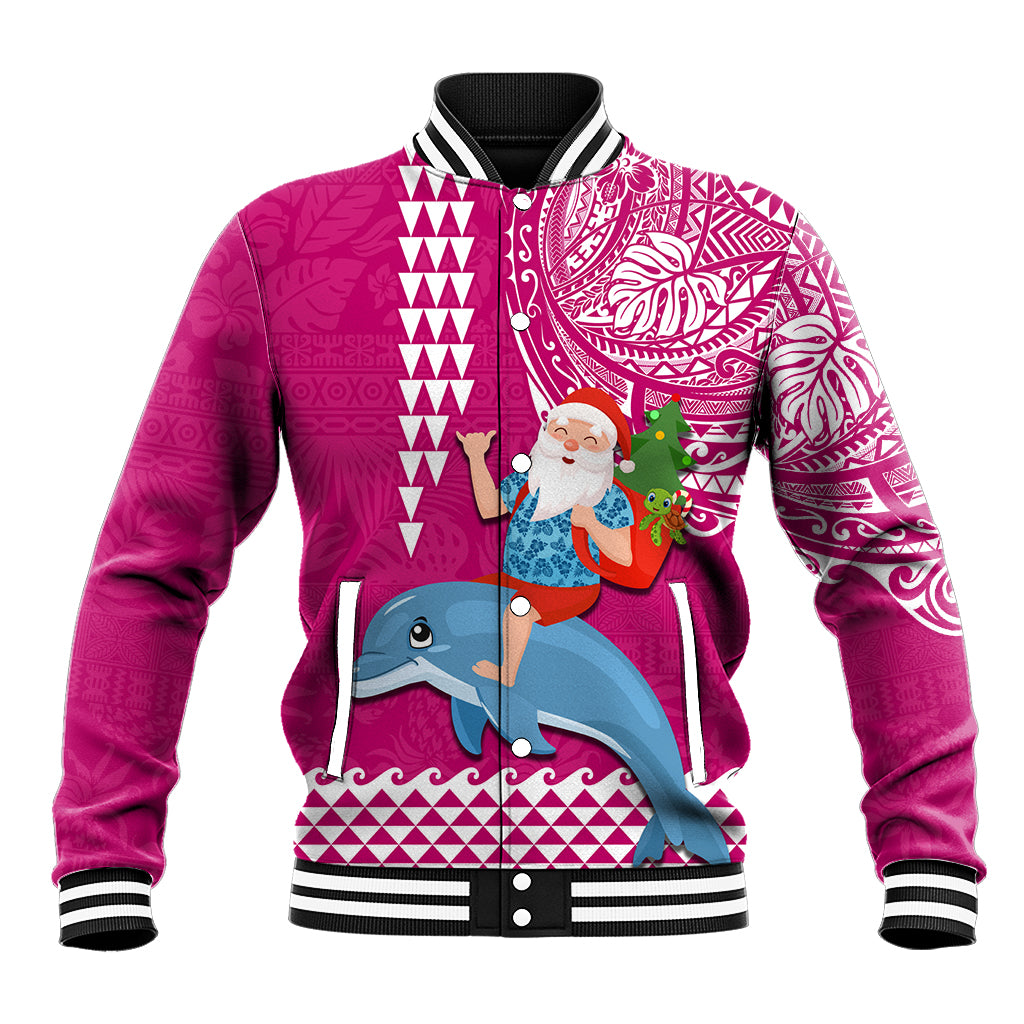 Custom Hawaii Mele Kalikimaka Baseball Jacket Santa Riding The DolPhin Mix Kakau Pattern Pink Style LT03 Unisex Pink - Polynesian Pride