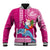 Custom Hawaii Mele Kalikimaka Baseball Jacket Santa Riding The DolPhin Mix Kakau Pattern Pink Style LT03 Unisex Pink - Polynesian Pride