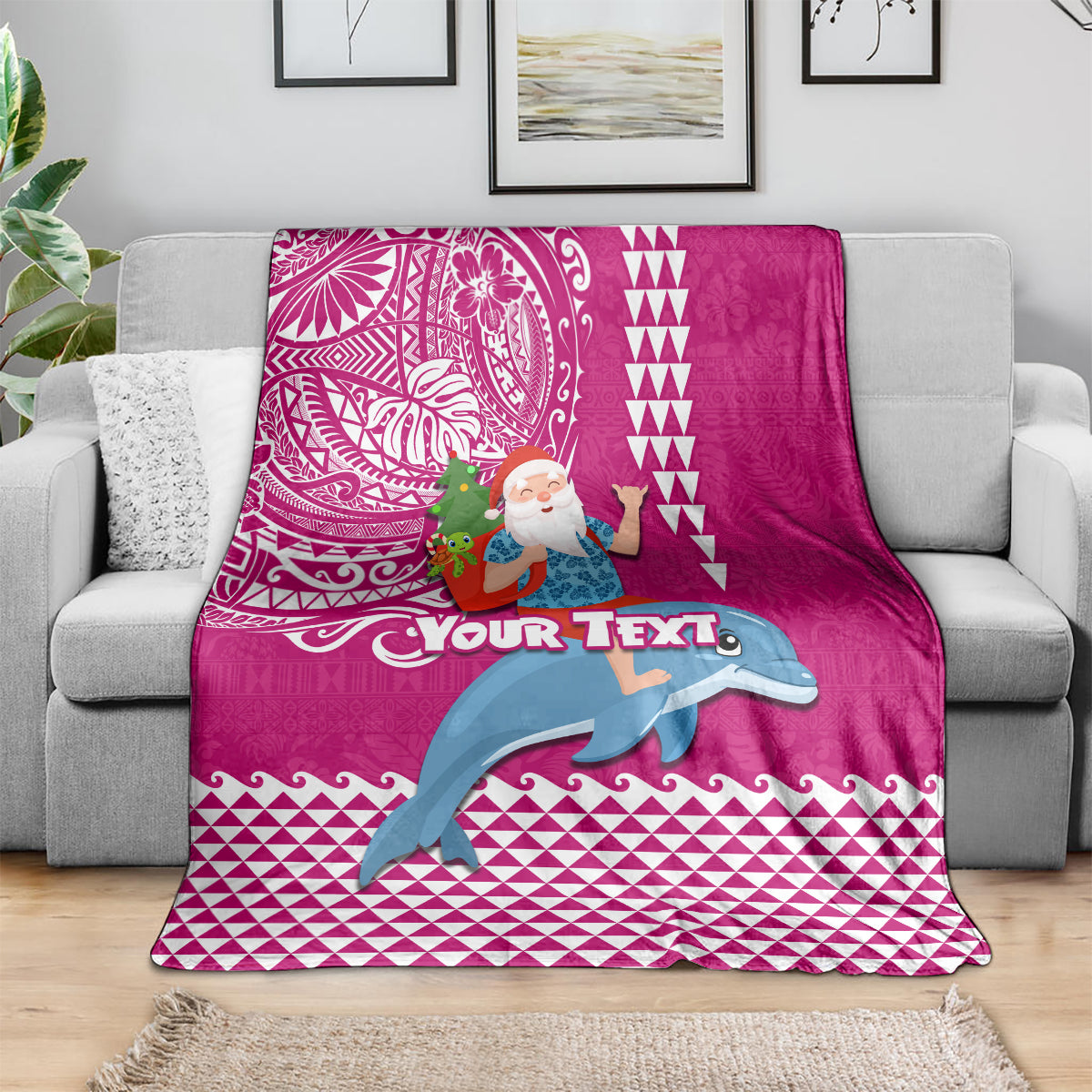 Custom Hawaii Mele Kalikimaka Blanket Santa Riding The DolPhin Mix Kakau Pattern Pink Style LT03 - Polynesian Pride
