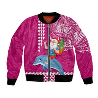 Custom Hawaii Mele Kalikimaka Bomber Jacket Santa Riding The DolPhin Mix Kakau Pattern Pink Style LT03 Unisex Pink - Polynesian Pride