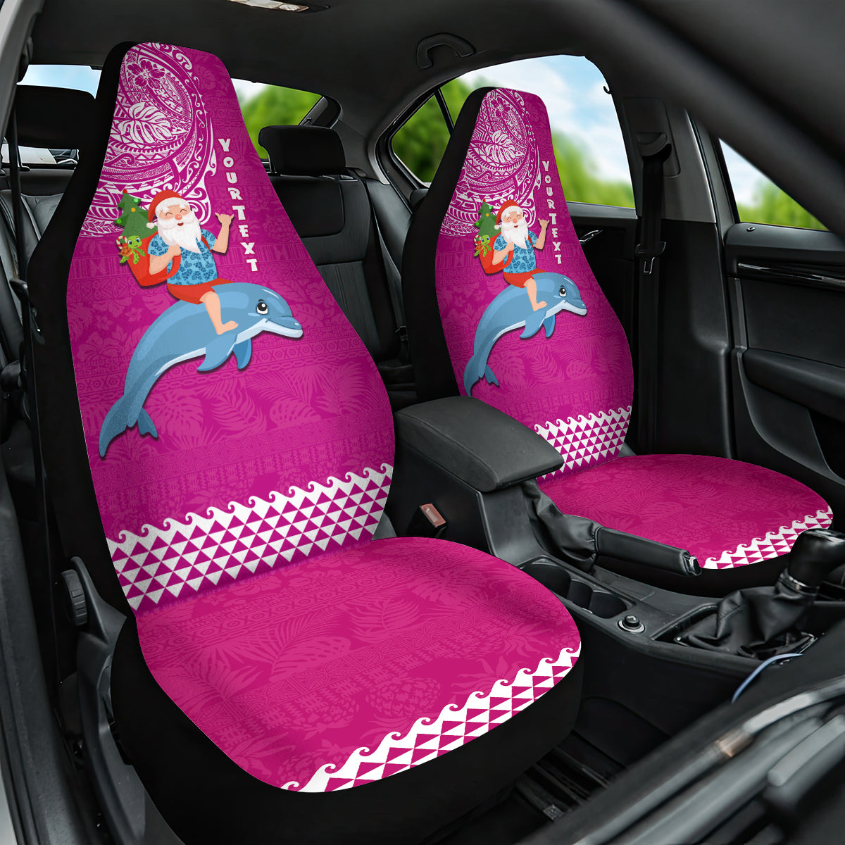Custom Hawaii Mele Kalikimaka Car Seat Cover Santa Riding The DolPhin Mix Kakau Pattern Pink Style LT03 One Size Pink - Polynesian Pride