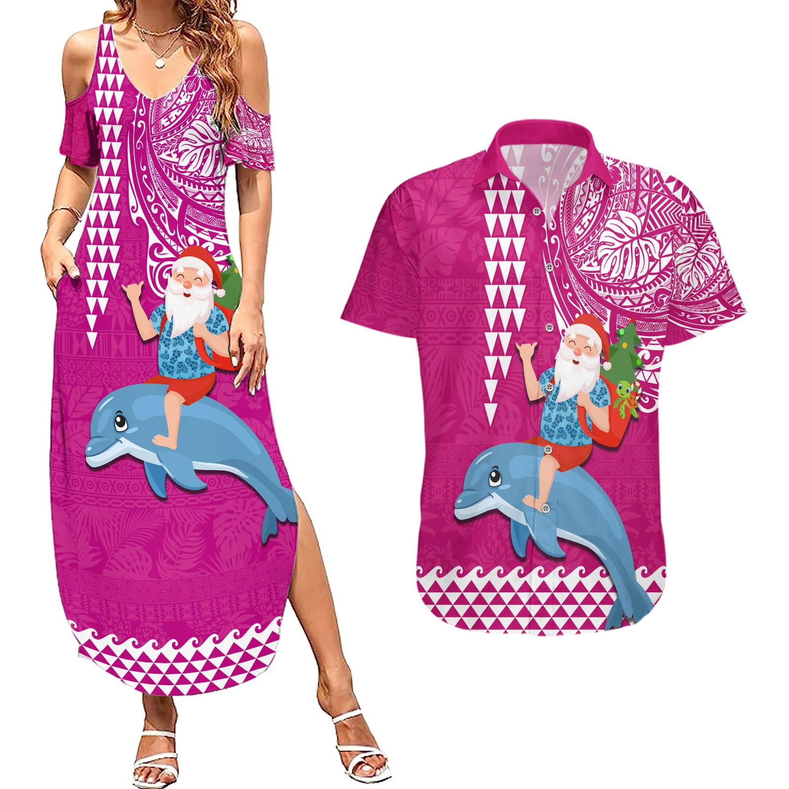 Custom Hawaii Mele Kalikimaka Couples Matching Summer Maxi Dress and Hawaiian Shirt Santa Riding The DolPhin Mix Kakau Pattern Pink Style LT03 Pink - Polynesian Pride