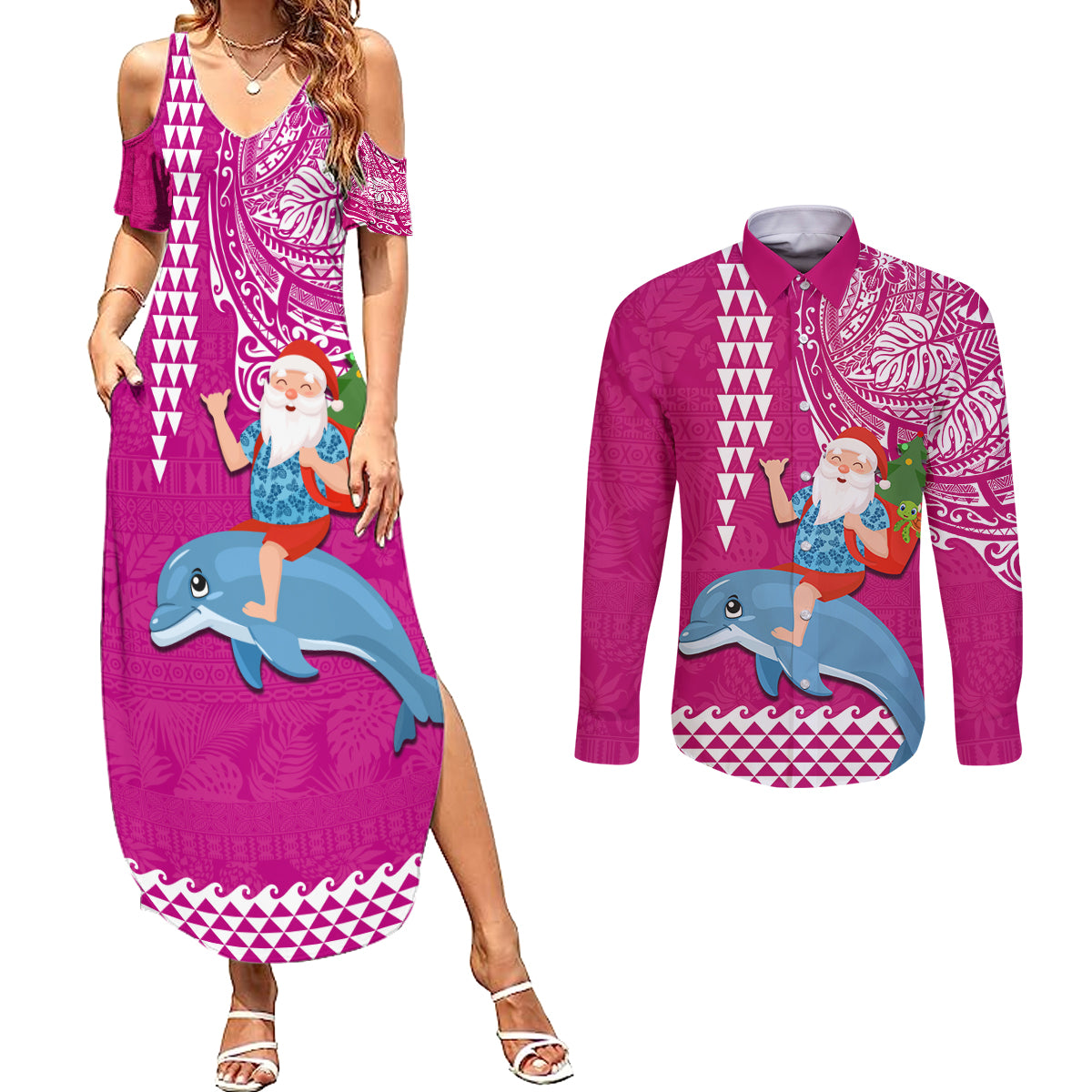 Custom Hawaii Mele Kalikimaka Couples Matching Summer Maxi Dress and Long Sleeve Button Shirt Santa Riding The DolPhin Mix Kakau Pattern Pink Style LT03 Pink - Polynesian Pride