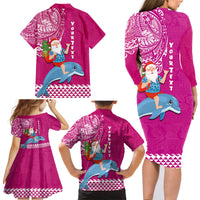 Custom Hawaii Mele Kalikimaka Family Matching Long Sleeve Bodycon Dress and Hawaiian Shirt Santa Riding The DolPhin Mix Kakau Pattern Pink Style LT03 - Polynesian Pride