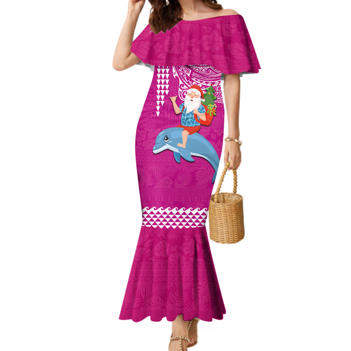 Custom Hawaii Mele Kalikimaka Family Matching Mermaid Dress and Hawaiian Shirt Santa Riding The DolPhin Mix Kakau Pattern Pink Style LT03 Mom's Dress Pink - Polynesian Pride