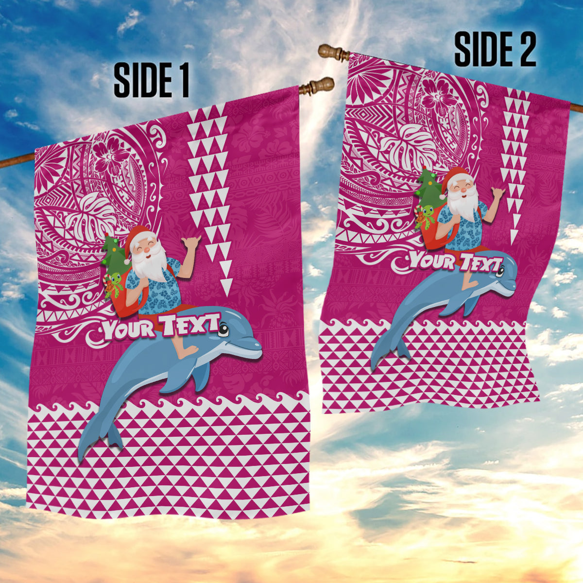 Custom Hawaii Mele Kalikimaka Garden Flag Santa Riding The DolPhin Mix Kakau Pattern Pink Style LT03 - Polynesian Pride