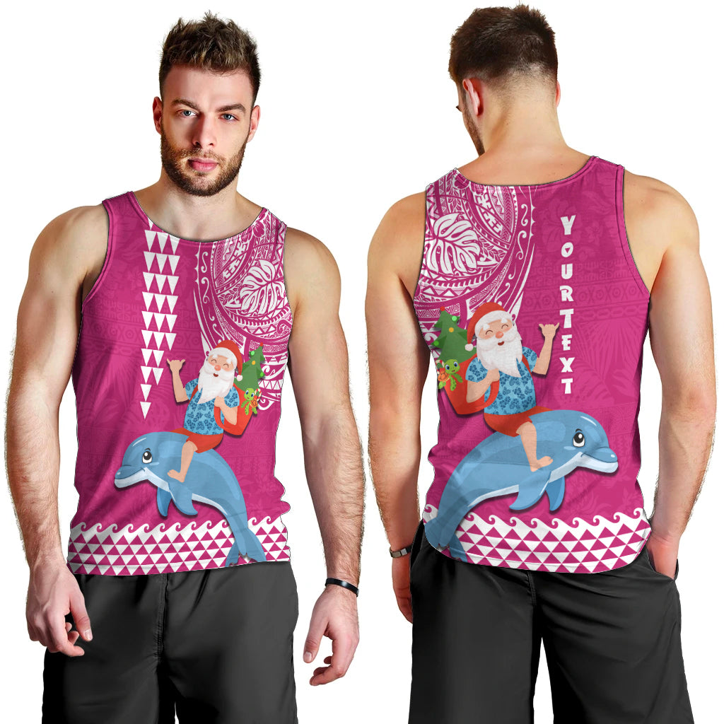 Custom Hawaii Mele Kalikimaka Men Tank Top Santa Riding The DolPhin Mix Kakau Pattern Pink Style LT03 - Polynesian Pride