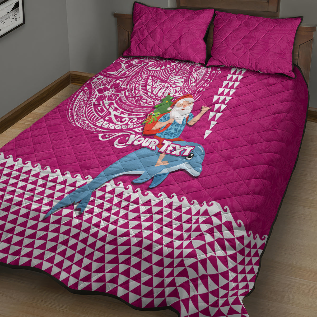 Custom Hawaii Mele Kalikimaka Quilt Bed Set Santa Riding The DolPhin Mix Kakau Pattern Pink Style LT03 - Polynesian Pride