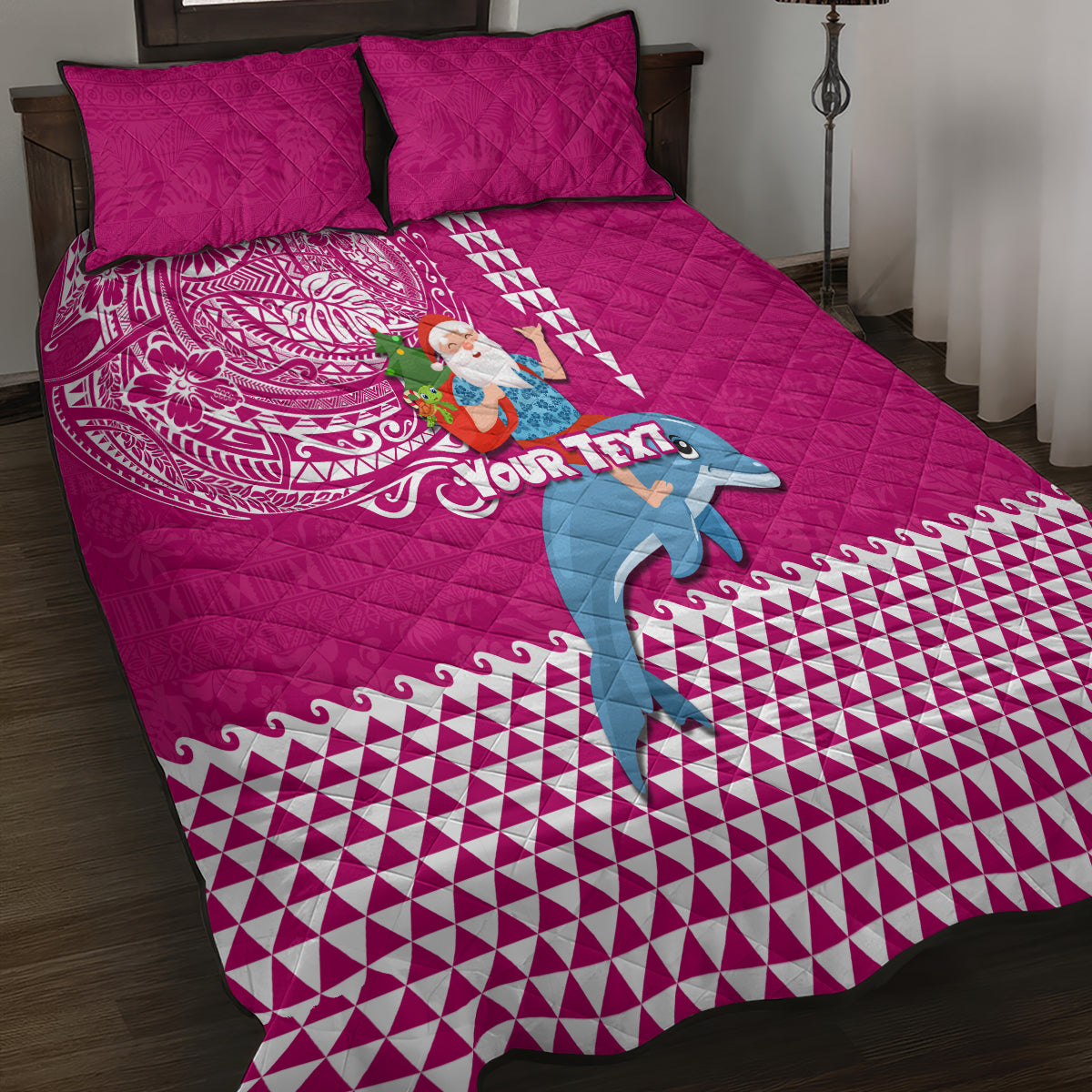 Custom Hawaii Mele Kalikimaka Quilt Bed Set Santa Riding The DolPhin Mix Kakau Pattern Pink Style LT03 - Polynesian Pride