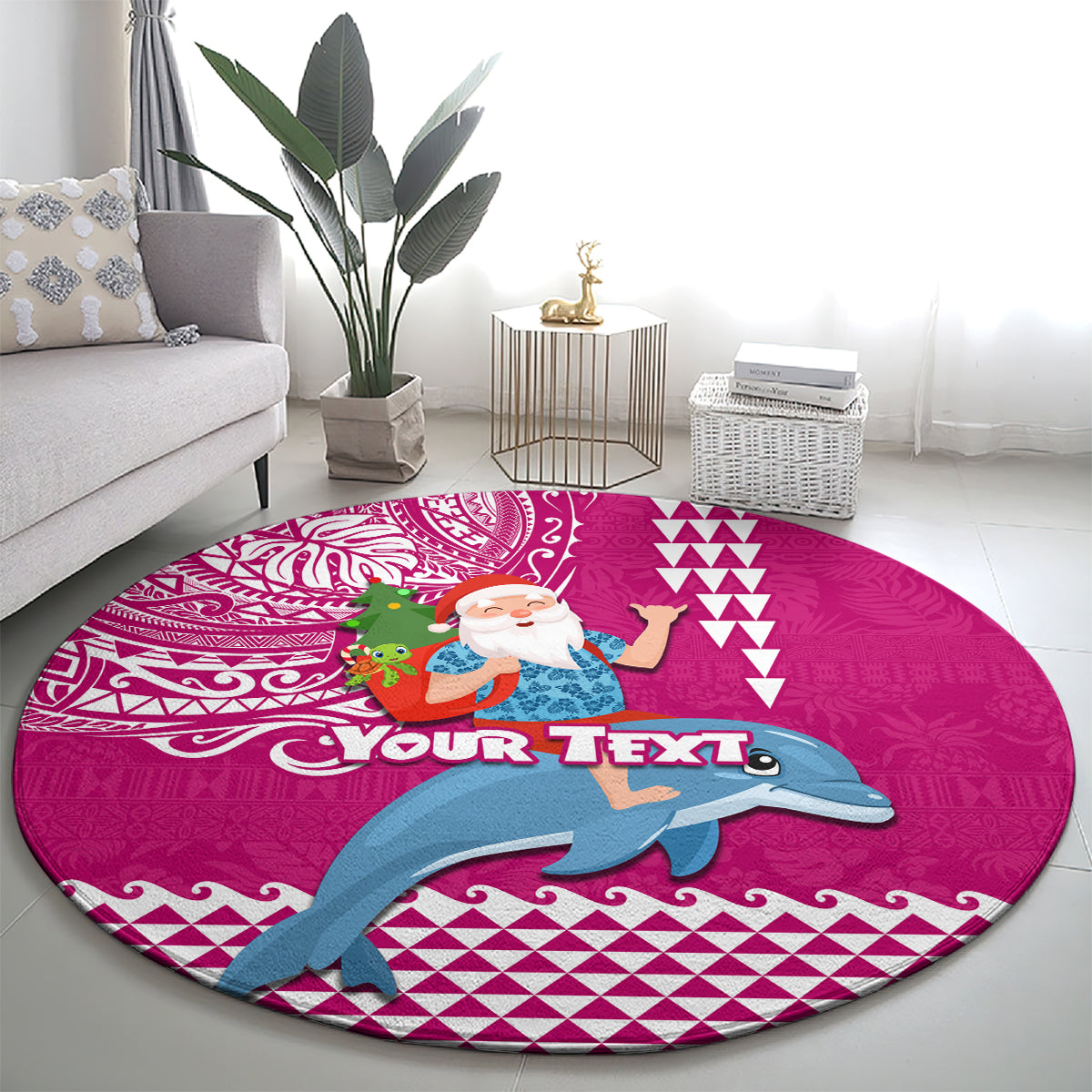 Custom Hawaii Mele Kalikimaka Round Carpet Santa Riding The DolPhin Mix Kakau Pattern Pink Style LT03 - Polynesian Pride