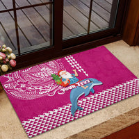 Custom Hawaii Mele Kalikimaka Rubber Doormat Santa Riding The DolPhin Mix Kakau Pattern Pink Style LT03 - Polynesian Pride